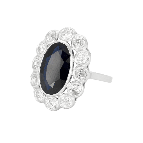 Bague 52 Bague pompadour platine, saphir et diamants 58 Facettes