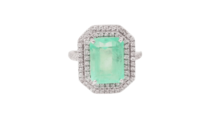 Bague 52 Bague double entourage en or blanc, émeraude de colombie certifiée et diamants 58 Facettes 32636