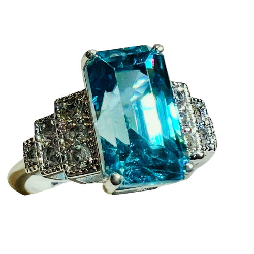 Bague 54 Bague or blanc Zyrcon Bleu naturel 4.60 carats  et diamants 58 Facettes 7849 A