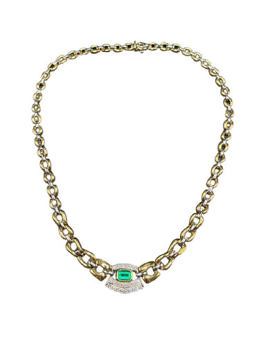 Collier Collier ras du cou en or jaune et blanc des années 1980 avec émeraude et diamants 58 Facettes