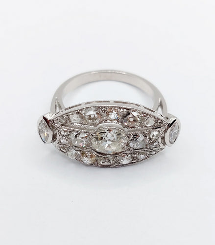 Umgekehrter Marquise-Ring Art Deco aus 18K Gold und Diamanten im Altschliff 