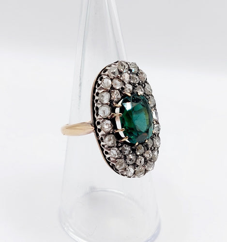 Antik marquise-ring i 18k rosaguld og Sølv, grøn granat-dublet og diamanter 