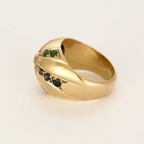 Bague 57 Bague dôme en or jaune, diamant, émeraudes, rubis et saphirs 58 Facettes B250518