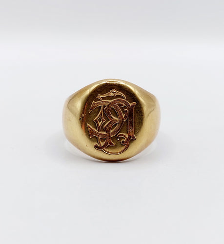Bague 55 Chevalière antique or jaune monogrammée RC 58 Facettes A05722
