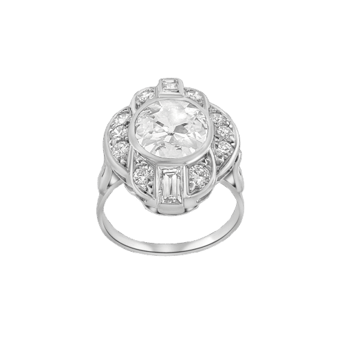 Bague Diamant incolore exceptionnel, probablement de Golconde, serti dans un somptueux écrin Art déco. Paris, vers 1920. 58 Facettes F26