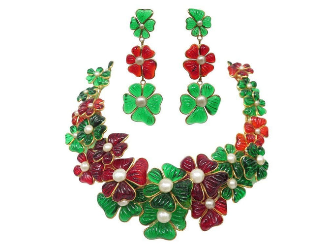 Collier parure collier boucles d'oreille augustine paris gripoix camelia pate verre 58 Facettes 269071