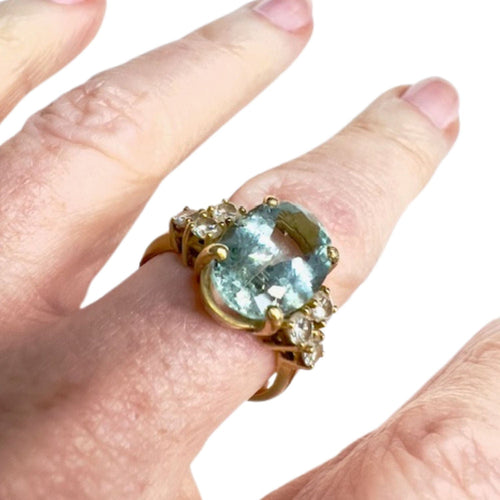 Bague 55 Bague style rétro des années 1940-1945 en or avec diamants et aigue-marine 58 Facettes Q67B