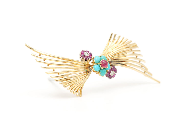 Broche années 50 or jaune,  turquoises, de rubis et de diamants (+-0.05ct) 58 Facettes 22640