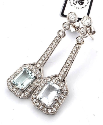 Boucles d'oreilles Boucles d'oreilles en platine ornées d'aigue-marine et de diamants 58 Facettes