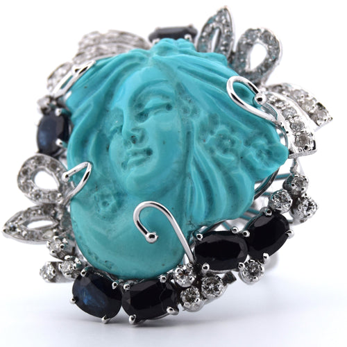 Bague 59 Bague sculptée en saphir, diamant et turquoise 58 Facettes