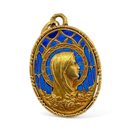 Pendentif Médaille religieuse ancienne en or jaune et émail bleu 58 Facettes