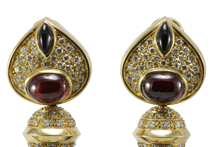 Boucles d'oreilles Boucles d'oreilles vintage en or jaune avec améthyste, onyx, rubis et diamants 58 Facettes 3294
