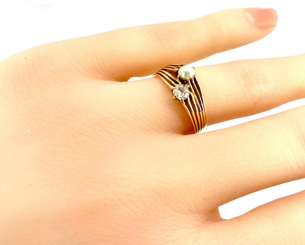 Ringa Toi & Moi i gult guld, diamant och pärla omkring 1900