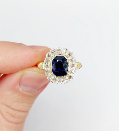 Bague 60 Bague pompadour Art Déco or et platine, saphir synthétique de 3,00 carats, diamants taille rose (circa 1920) 58 Facettes A04827