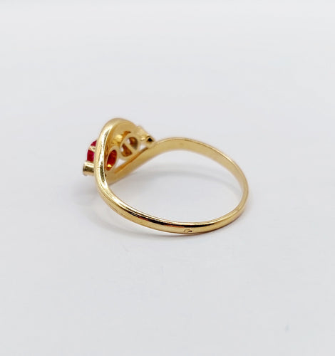 Bague 56.5 Bague toi et moi art nouveau or jaune, rubis synthétique, perle et diamants 58 Facettes A05749