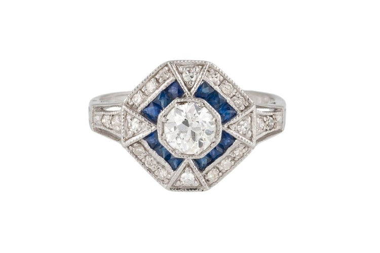 Bague 53 Bague Art Déco ornée de diamants et de saphirs, Europe de l'Ouest, années 1980 58 Facettes 10488