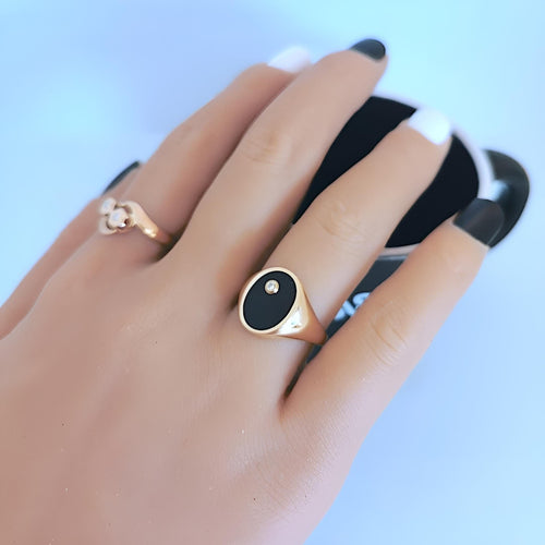 Bague 58.5 Bague Chevalière Mixte Onyx Diamant or jaune 58 Facettes AA 1743