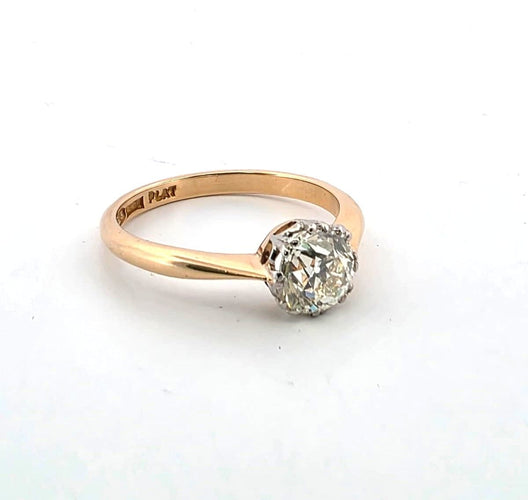 Bague 56 Solitaire en platine et or jaune 18 carats serti d'un diamant ancien de 1,50 carat 58 Facettes