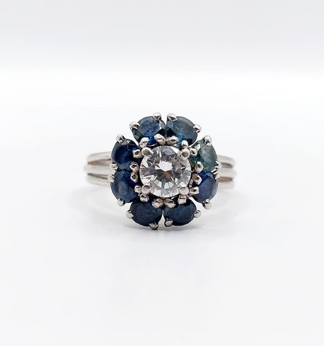 Bague 52 Bague marguerite Art déco en platine et diamant 0,65 ct, saphirs 58 Facettes A06577
