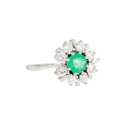 Bague 57.5 Bague en or blanc, ornée d'émeraudes et de diamants, modèle entourage, vintage vers 1970 58 Facettes