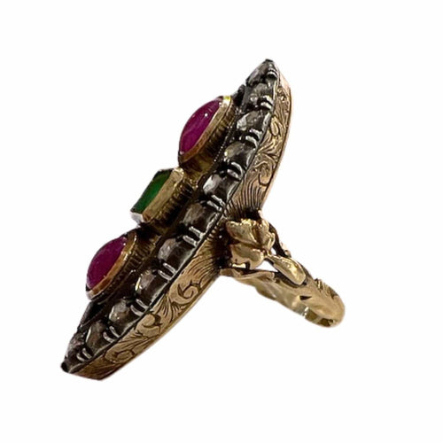 Bague 52 BAGUE NAVETTE EN OR JAUNE AVEC RUBIS ET ÉMERAUDE 58 Facettes A2541