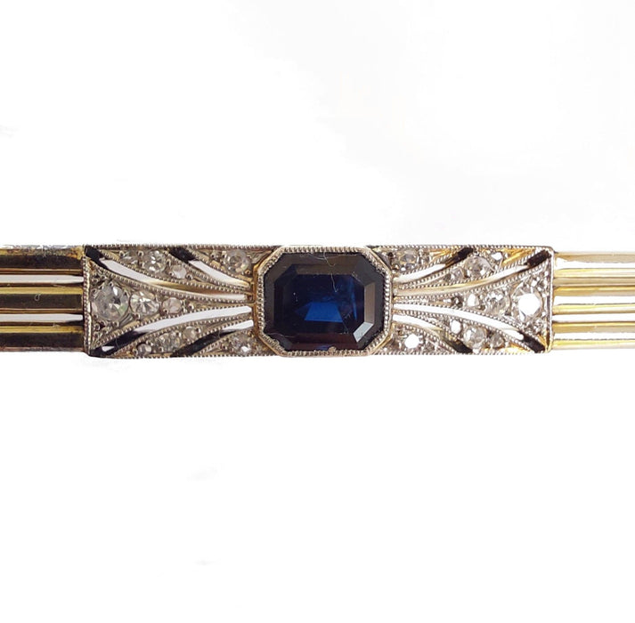 art deco barrette brooch, gold, platinum, sapphire and diamonds