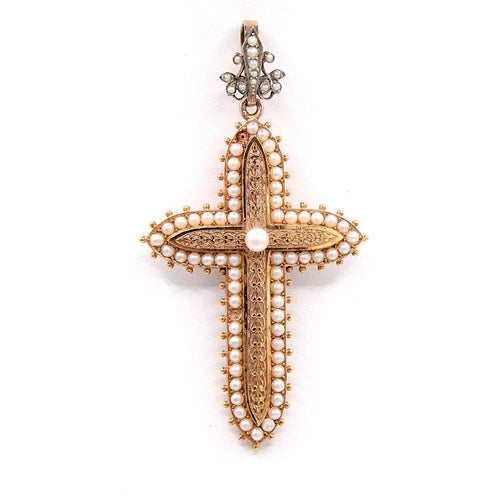 Grand pendentif Croix "Royale" or jaune et perles 58 Facettes 203