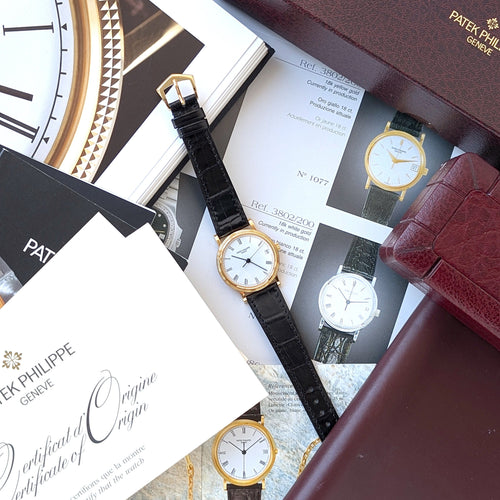 Montre Patek Philippe - Montre Calatrava Date 3802 FULL SET Automatic Gold Caliber 315 Geneva Seal Clous de Paris 3802/200J-001 + Box + Papers 58 Facettes