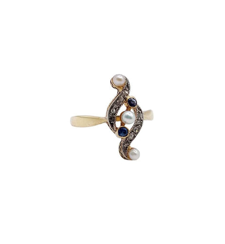 Bague 50 Bague marquise antique or et platine perles, diamants et saphirs 58 Facettes A04421
