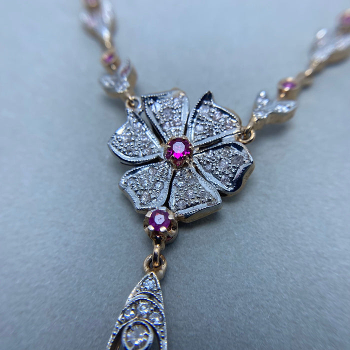 Yellow gold necklace silver ruby diamonds