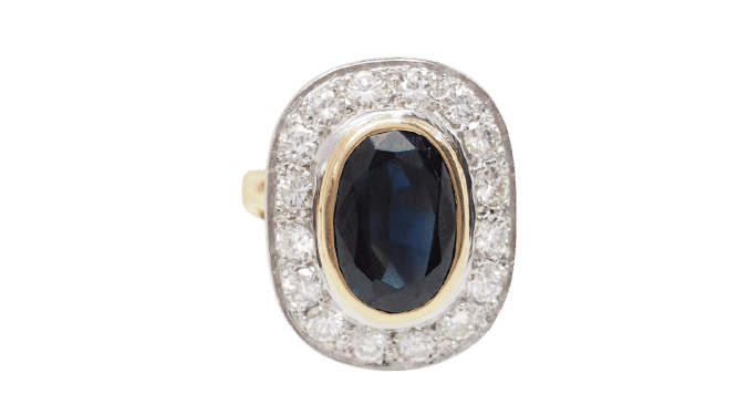 Inel pompadour din aur bicolor, safir și diamante 