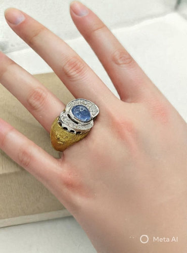 Bague 54 Bague cocktail vintage cabochon en or blanc et jaune, saphir et diamants 58 Facettes