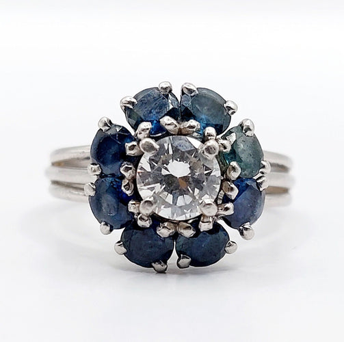Bague 52 Bague marguerite Art déco en platine et diamant 0,65 ct, saphirs 58 Facettes A06577