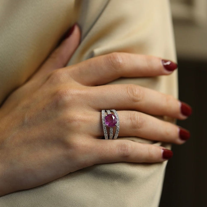 Bague 54 Bague or blanc avec saphir rose et diamant brillants 58 Facettes