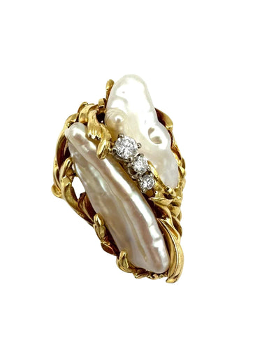 Bague GILBERT ALBERT. Importante bague or jaune 18K, perles et diamants 58 Facettes