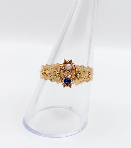Bague 59 Bague toi et moi antique en or rose 18k perle et pierre bleue 58 Facettes A06505