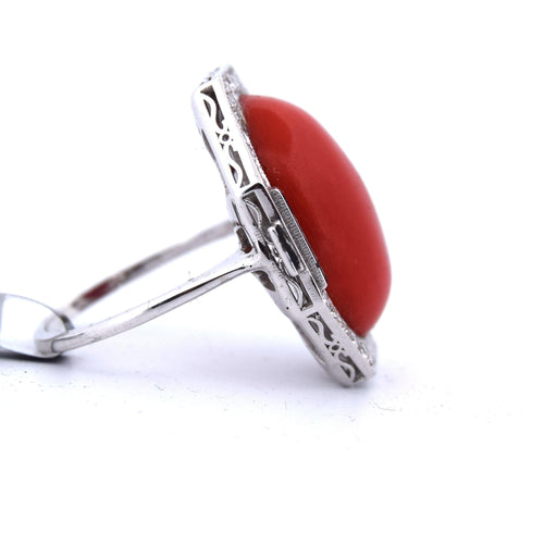 Bague BAGUE - OR BLANC 18KT - CORAIL CABOCHON 58 Facettes