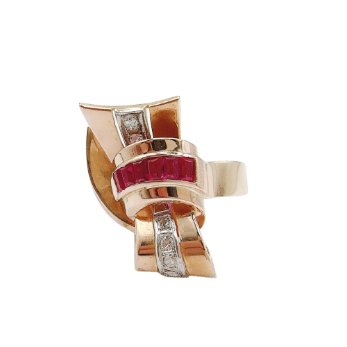 Guldring Signetring prydet med rubiner og diamanter 