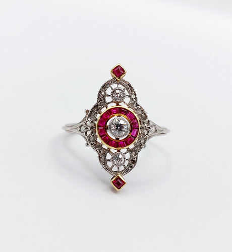 Bague 51 Bague - Bague marquise Art déco en platine et diamants, rubis synthétiques 58 Facettes A06548