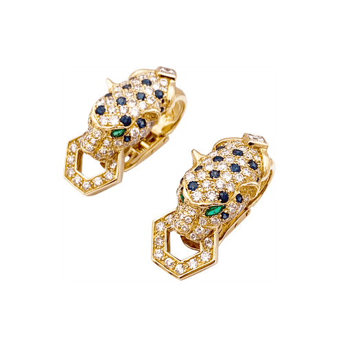 Boucles d'oreilles Clips d'oreilles O.J. PERRIN, or jaune, diamants, saphirs et émeraudes. 58 Facettes 34527
