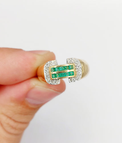 Bague 59 Bague tank style art deco or 18k émeraude calibrées et diamants taille brillants 58 Facettes A05364