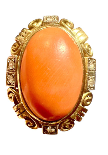 Bague Bague 1940 or jaune cabochon corail et diamants taille ancienne 58 Facettes 7204 A