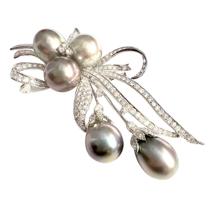White gold pendant brooch with diamonds and cultured pearls