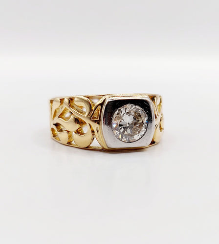 Bague 57 Bague chevalière art nouveau diamant 0,90 ct en or 18k et platine 58 Facettes A06449