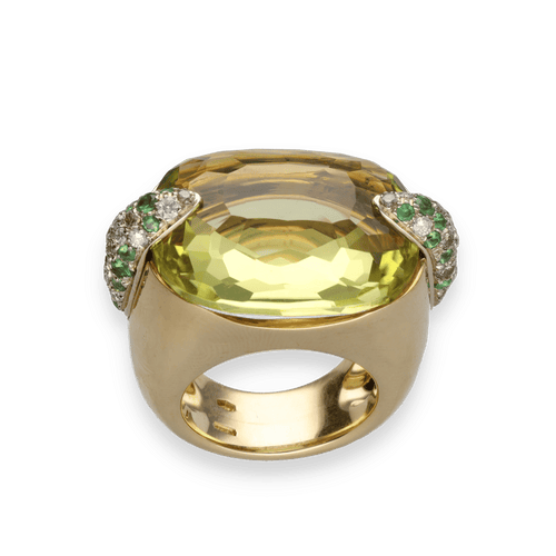 Bague 51 Bague Pomellato Pin Up – Or Jaune 18k – Quartz Jaune, Diamants & Tsavorites – Vers 2000 – Taille 51 – Boîte d'Origine 58 Facettes FB11038