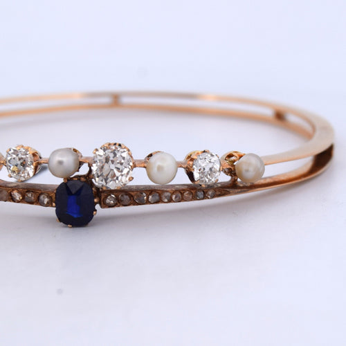 18 ayar sarı altından vintage bilezik, inciler, safir ve elmaslarla 