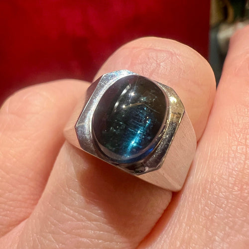 Bague 56 Bague or blanc tourmaline bleue 58 Facettes 7824 A