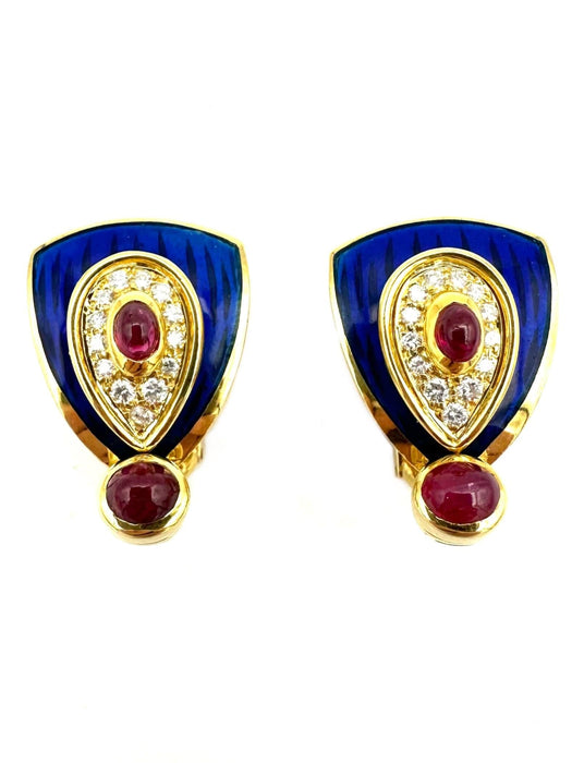 Boucles d'oreilles MAISON GERARD - Boucles d'oreilles or jaune, émail, rubis et diamants 58 Facettes