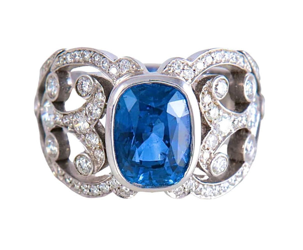 Bague 53 Bague or blanc saphir de Ceylan 3,12 carat et diamants 58 Facettes AB 407