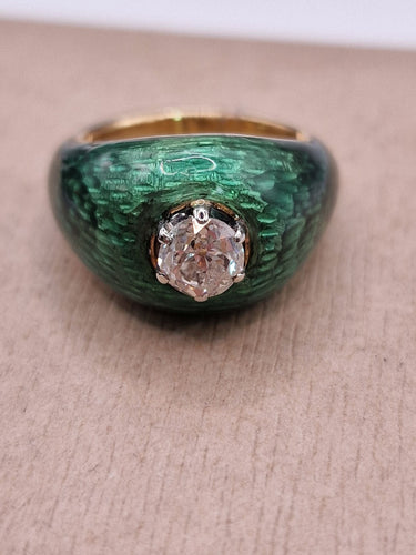 Inel vintage din email cu diamant tăiat vechi în aur galben 